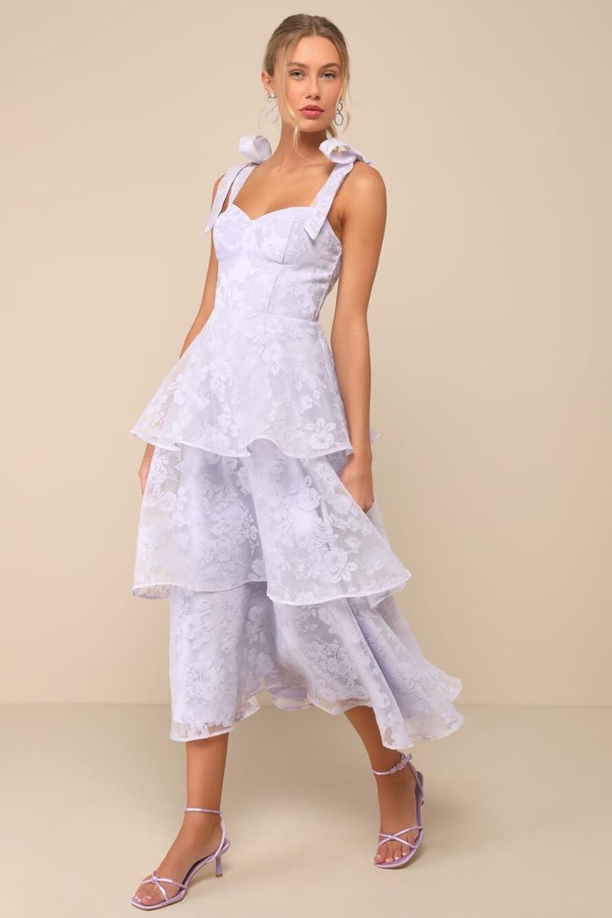 NWT LULUS Glamorous Sweetie Lavender Burnout Tie-Strap Bustier Midi Dress Sz XS